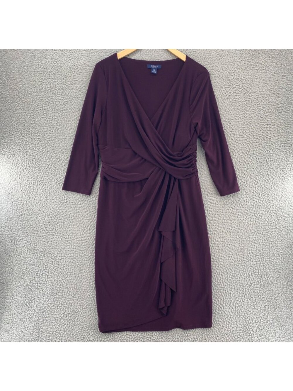 Chaps Dress Womens Large Purple Faux Wrap Surplice 3/4 Sleeve Ruched Jersey Knit
